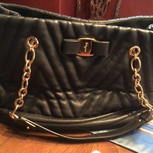 Salvatore Ferragamo Black Lambskin  Shoulder Handbag